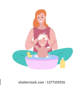 Mother and kid vector, woman washing baby hair with shampoo, soap water and duck toy made of rubber isolated. Woman and child childcare flat style