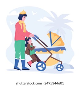 Mother and kid walking with baby stroller, flat illustration 