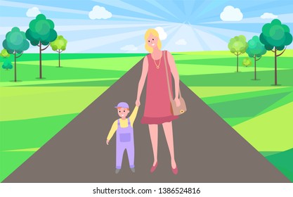 Mother and kid walking vector, woman teaching son to walk in city park with buildings. Mom and small child, person with handbag and kiddo wearing bodysuit