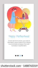 Mother and kid, woman walking with perambulator and child sleeping in pram flat style. Childhood and motherhood childcare family person. App slider for website, landing page application flat style