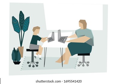 Mother and kid work and study together in a home office vector clipart scene. Adult body positive female figure and a child sitting at the desk with laptop computers and indoor tropical plant decor.
