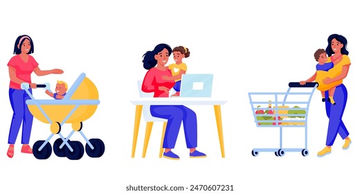 Mother, kids and baby set isolated on white background. Vector flat cartoon characters illustration. Women do shopping, work at home on laptop and walk with stroller