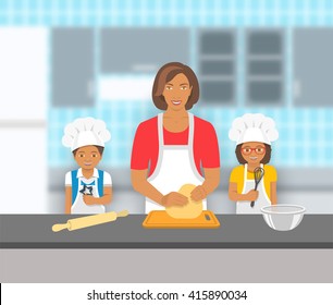 Mother and kids bake together at a kitchen. Mom kneads pastry, happy little son and daughter help her. African American family baking home cookies, pie or cake. Vector flat illustration.