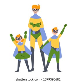 Mother and kids, boy and girl playing superheroes, dressed in super hero costumes.
