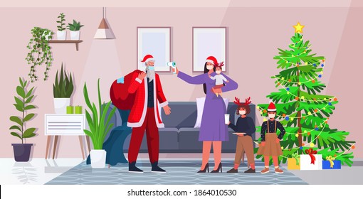 mother with kids checks body temperature of santa claus coronavirus quarantine self isolation concept new year christmas holidays celebration living room interior horizontal full length vector