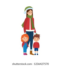 mother and kids with christmas clothes