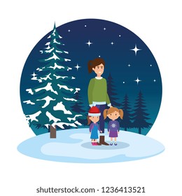mother and kids with christmas clothes in snowscape