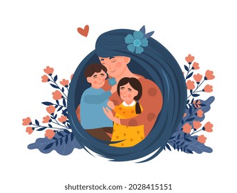 Mother and kids concept. Mom with long hair hugs her daughter and son. International Mothers Day. Happy, loving family. Parental care. Cartoon flat vector illustration isolated on white background