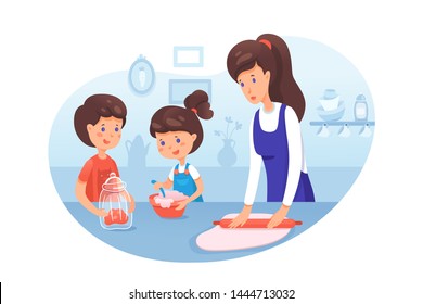 Mother with kids cooking flat vector illustration. Cooking workshop. Culinary kids classes. Sister and brother helping baking cookies in kitchen. Parent with children cartoon characters