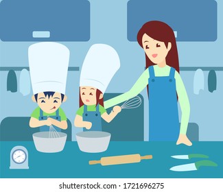 Mother with kids cooking flat vector illustration. Sister and brother cooking in kitchen. Parent with children cartoon characters