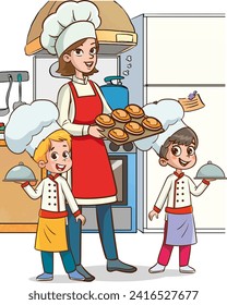 Mother and kids cooking in the kitchen. Vector illustration of a cartoon style.