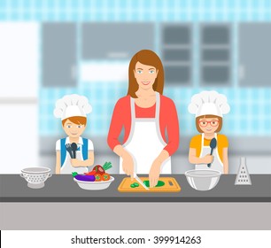 Mother and kids cooking together at a kitchen. Mom cuts vegetables for salad, happy little son and daughter help her. Family domestic pastime background. Vector flat illustration