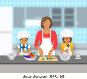 Mother and kids cooking together at a kitchen. Mom cuts vegetables for salad, happy little son and daughter help her. African American family domestic pastime background. Vector flat illustration