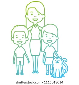 mother and kids with cute cat