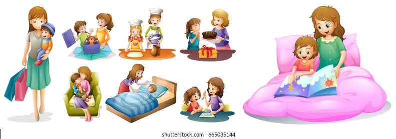 Mother and kids in different actions illustration