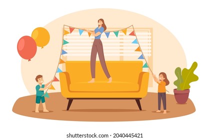 Mother And Kids Hang Garland For Party Celebration At Home. Happy Family Decorate Room For Birthday Or Holiday. Mom And Children Characters Prepare For Event. Cartoon People Vector Illustration