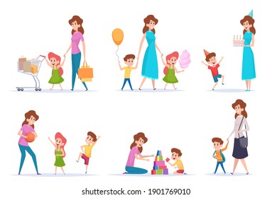 Mother with kids. Happy children spend time with love mommy exact vector parents characters cartoon