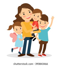 Mother With Kids. Happy Family Together. Parenting And Child Care Vector Illustration