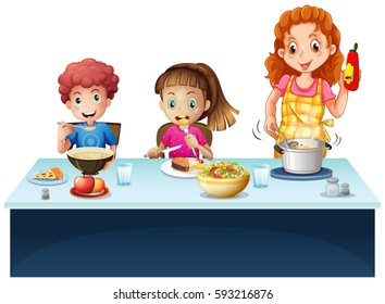 Mother and kids having meal at dining table illustration