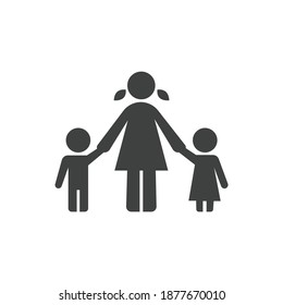 Mother with Kids Icon Isolated on Black and White Vector Graphic