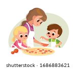 Mother with kids making pizza. Boy and girl cooking. Two kids making pizza. Boy and girl cooking. Boy salting pizza.