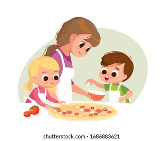 Mother with kids making pizza. Boy and girl cooking. Two kids making pizza. Boy and girl cooking. Boy salting pizza.