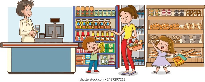 Mother and Kids Navigating the Aisles of a Crowded Supermarket and Making Grocery Shopping a Fun Family Trip. Cartoon People Vector Illustration