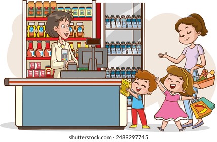 Mother and Kids Navigating the Aisles of a Crowded Supermarket and Making Grocery Shopping a Fun Family Trip. Cartoon People Vector Illustration