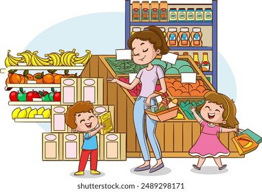 Mutter und Kinder navigieren die Gänge eines überfüllten Supermarktes und machen Lebensmitteleinkäufe zu einem lustigen Familienausflug. Cartoon Menschen Vektorillustration