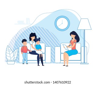 Mother with Kids on Psychologist Consultation Cartoon. Problem Solving between Parents and Children or Brother and Sister. Psychotherapy Support. Family Psychological Therapy. Vector lat Illustration