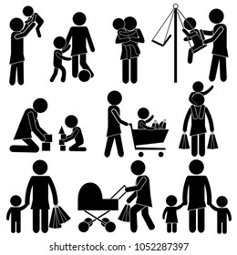 Mother for Kids in Real Every Day Life from First Steps. Happy Mother's Day Concept. Stick Figure Pictogram Icon