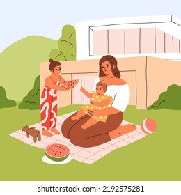 Mother And Kids Relaxing On Backyard, Sitting On Picnic Blanket Outdoors. Mom And Girls Children Resting Together On Grass Lawn On Summer Holiday, Summertime Weekend. Flat Vector Illustration