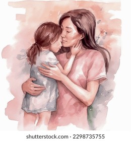 mother kiss daughter watercolor painting mother's day