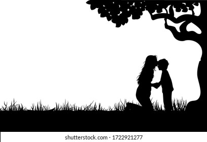 Mother kiss the forehead of child on grass and tree background silhouette. Black color. Eps 10