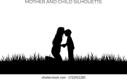 Mother kiss the forehead of the child silhouette. Love symbol of family on black color. Eps 10. Holiday background element.