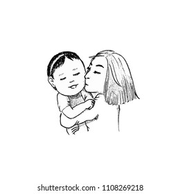 mother kiss her baby kid with love drawing
