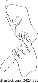 mother kisses the foot of a small child. one line drawing. Logo mom and newborn baby on isolated white background.