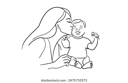 Mother kisses, happy family, newborn continuous line art drawing isolated on white background. Vector illustration