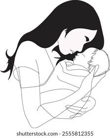 mother kissing her child line art isolated on white background vector image. Mom loves child icon.