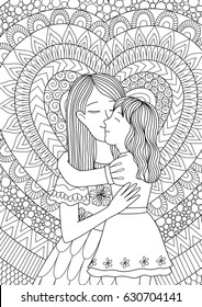 The mother kissing her daughter with love design for adult or kids coloring book page. Cards,invitation and other design element. Vector illustration.