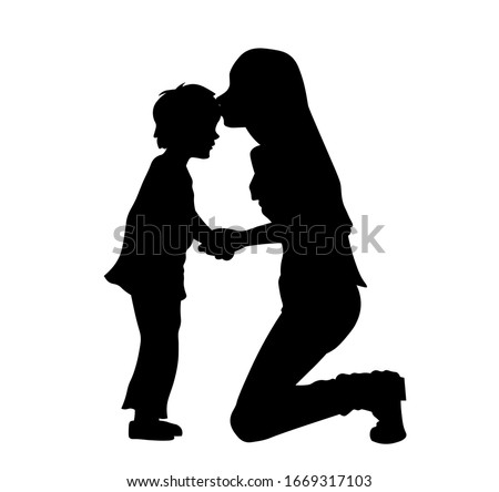 Mother kissing her son on the forehead silhouette vector illustration.