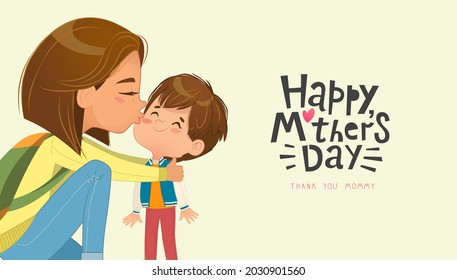 Mother kissing and hugging son on cheek. Mom with backpack praises, caresses her cute baby boy. Happy Mothers Day Card