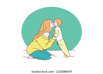 mother kissing son in bed looks warm and cute mothers day concept holiday illustration flat vector