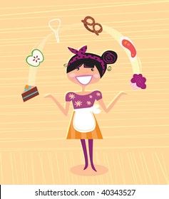 Mother - kitchen super hero. Super Mother juggling with ingretients in the kitchen. Perfect housewife! Lifestyle vector illustration in vintage style.