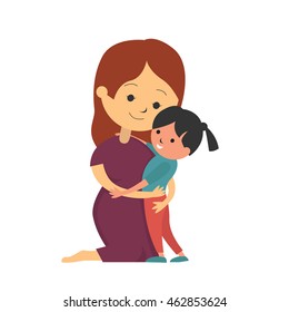 Mother Kneel Down And Hugging Her Daughter, Vector Illustration Concept Of Mother's Day Or I Love Mom. 