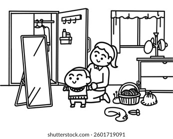 Mother knits a shirt for her child.