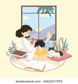 Mother is knitting a scarf and reading a book with her son