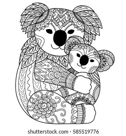 Mother Koala cuddling her baby for T-Shirt design,tattoo and adult coloring. Stock Vector