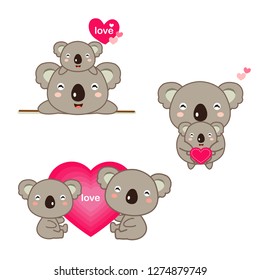 Mother Koala and her Baby with love. Cute Animal Cartoon. 