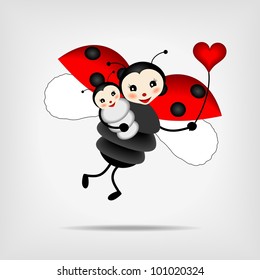 mother ladybug with her baby and red heart - vector illustration